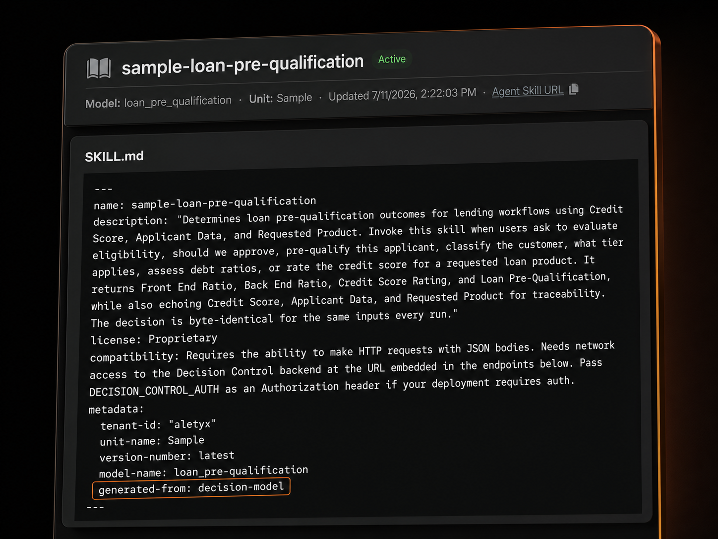 Active Agent Skill URL and generated SKILL.md for the loan pre-qualification decision