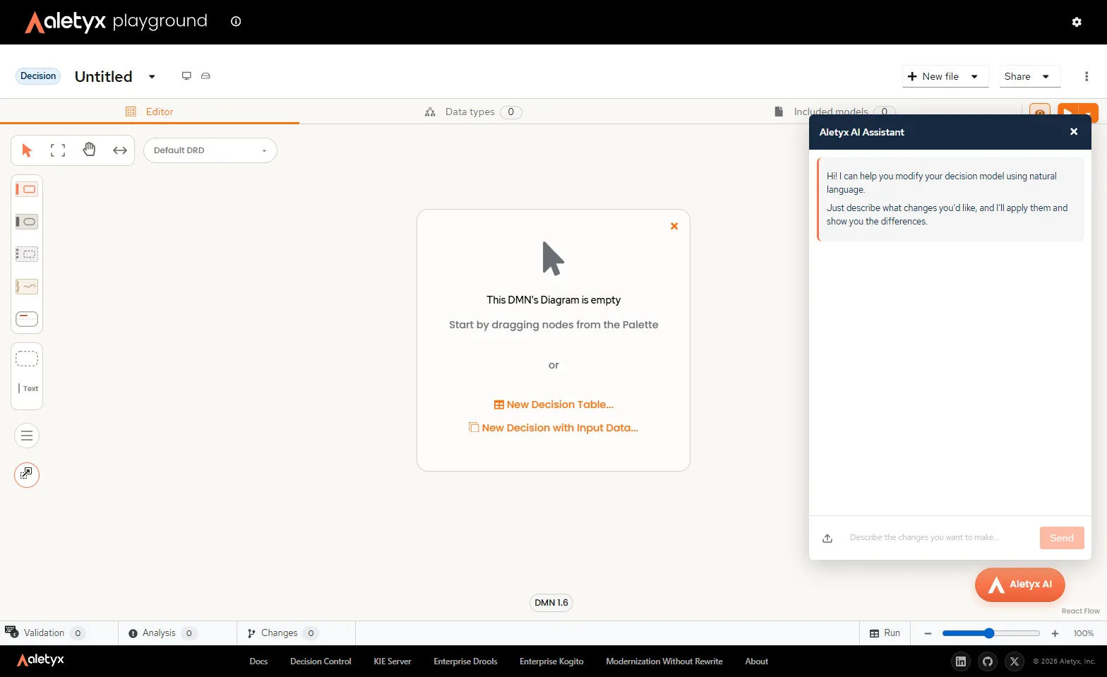 The Aletyx Playground with an empty decision model and the Aletyx AI Assistant chat panel open