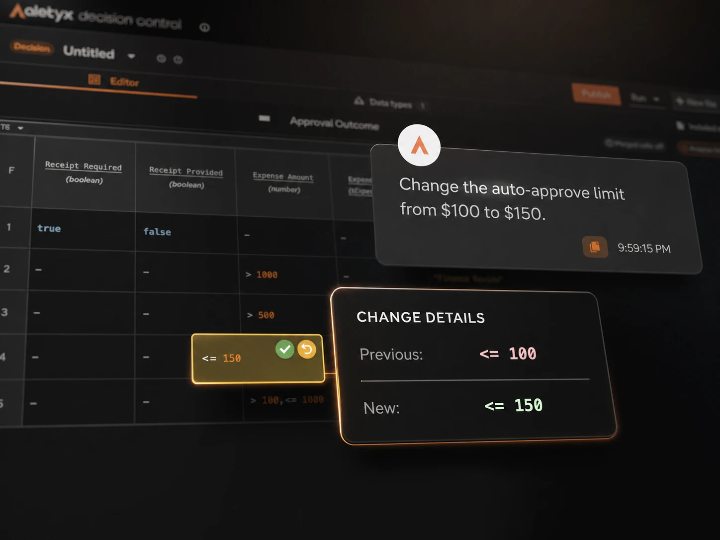 Aletyx AI Assistant proposing a threshold change with the exact previous and new values visible for approval
