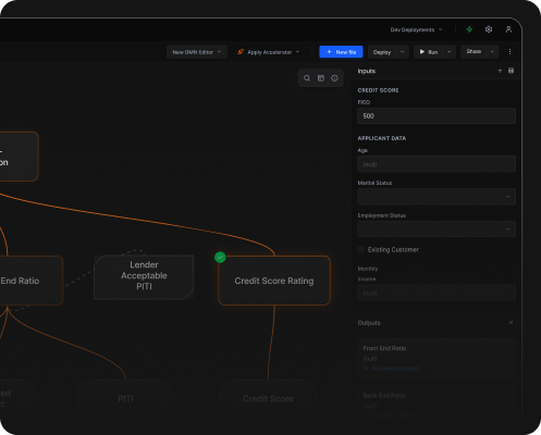 Decision Control integrated decision runner showing live test inputs and outputs