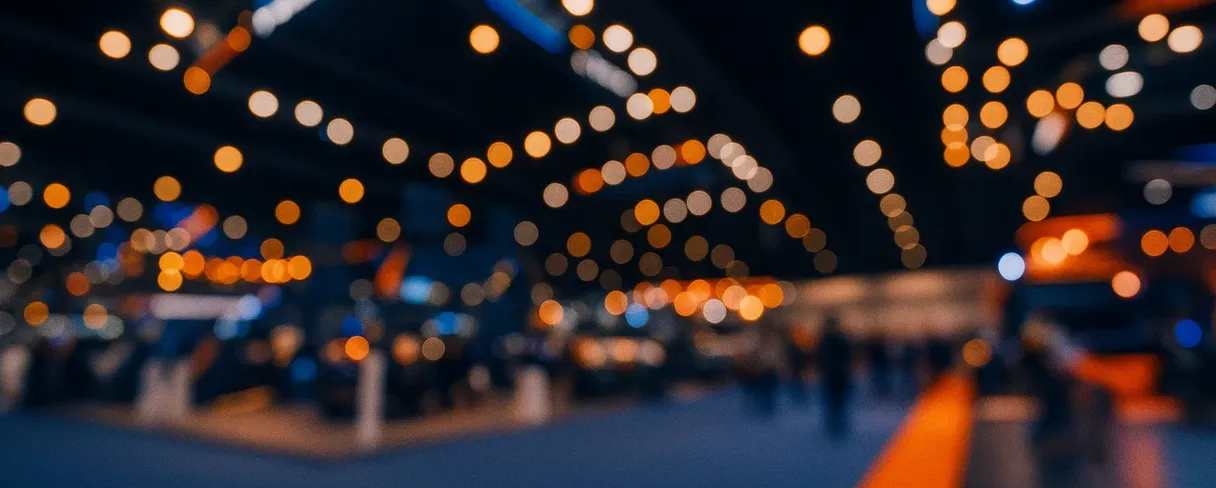 Warm orange and blue lights in a conference venue