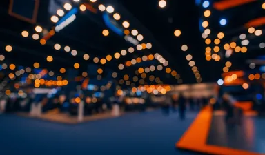 Warm orange and blue lights in a conference venue