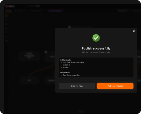 Decision Control one-click publish dialog showing successful deployment