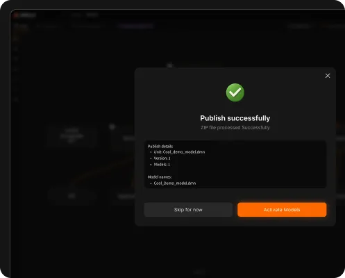 Decision Control one-click publish dialog showing successful deployment