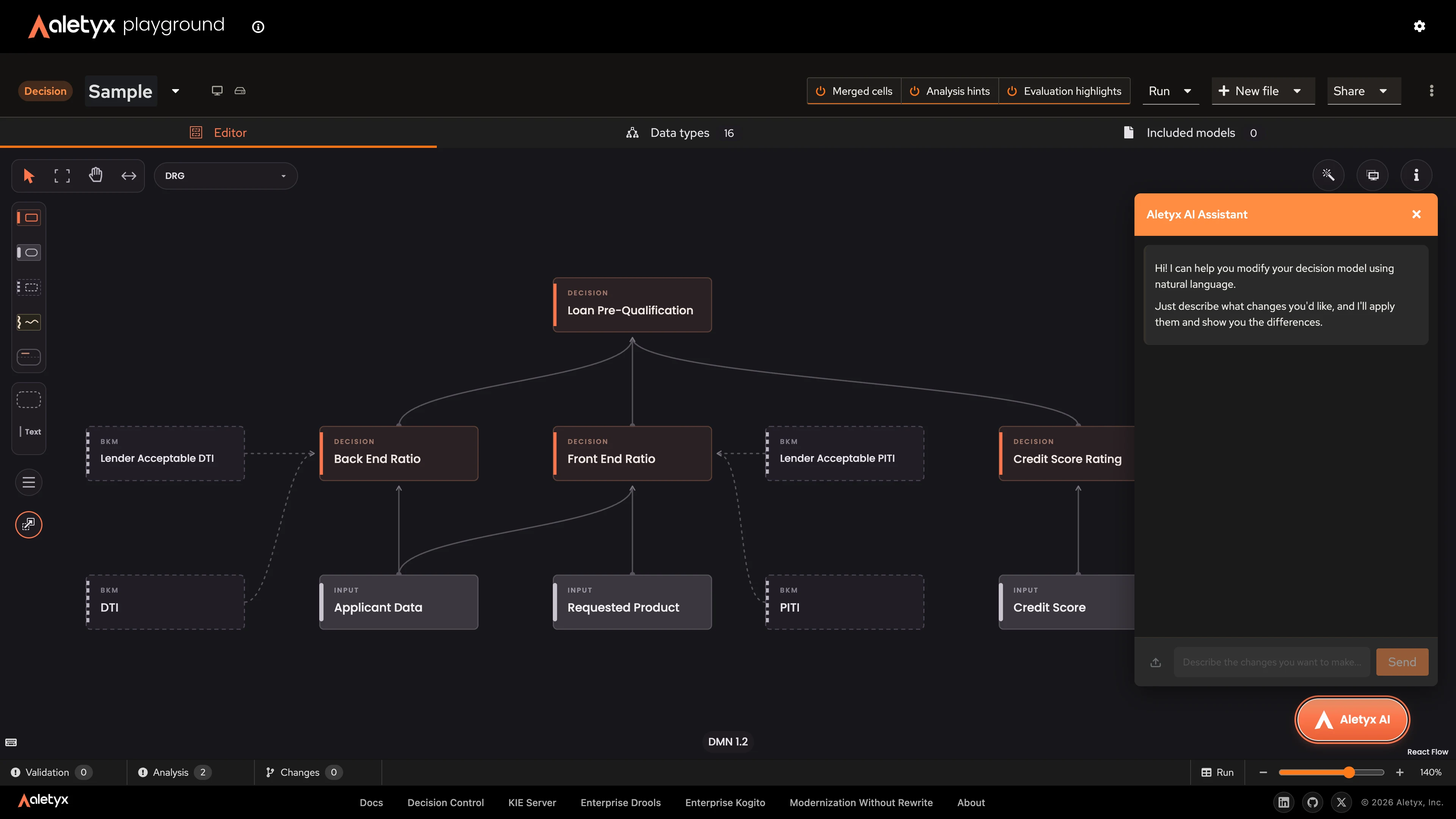 Aletyx Playground with a loan pre-qualification decision model and the integrated AI Assistant open