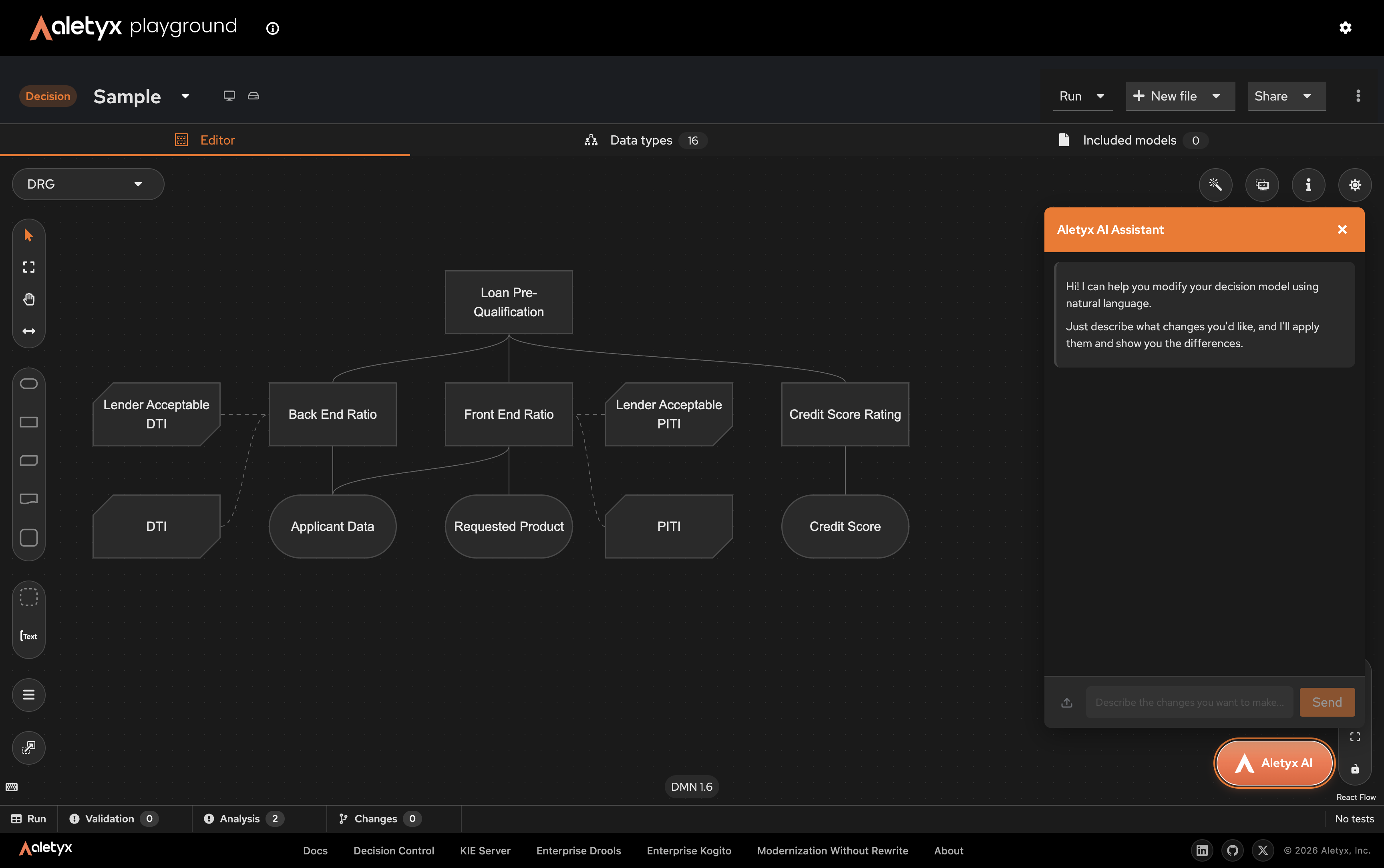 Aletyx Playground with a loan pre-qualification decision model and the integrated AI Assistant open