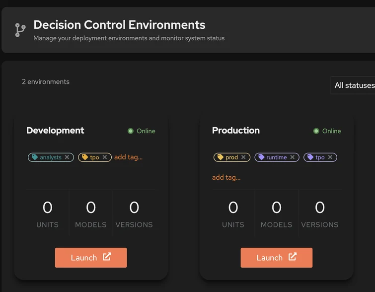 Development and Production environment cards showing online status and classification tags